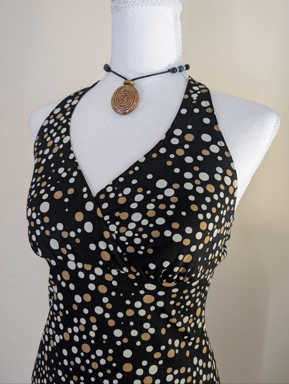 Vtg Y2K Black Halter Polka Dot Midi Dress in Cream and White - Picture 2 of 7
